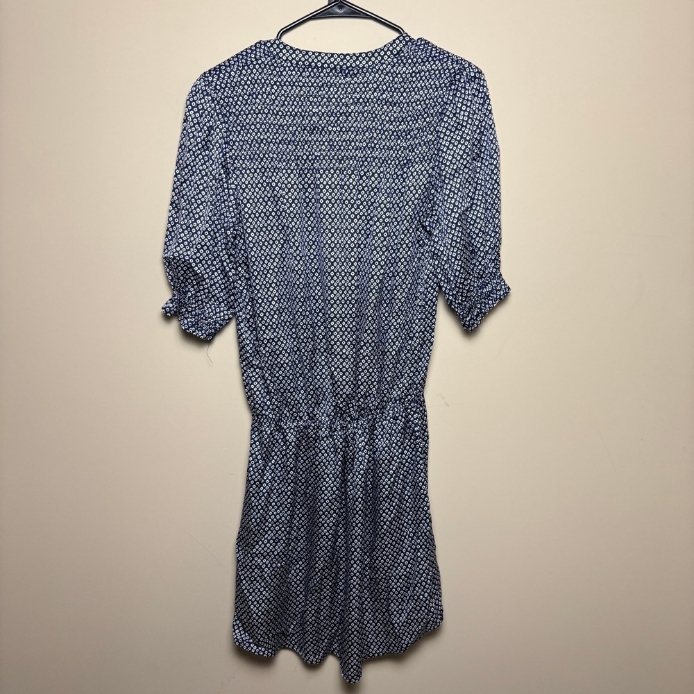 Sundays Blue Geometric Vneck Drawstring Waist Elastic Puff Sleeve Dress Womens 1 - Picture 5 of 8